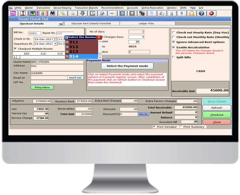 Weltraum PMS Hotel Software Checkout Screen